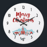 Winter Scene with a Red Church and Christmas Star Große Wanduhr<br><div class="desc">A clock with a digital image of a painted illustration of a red church and steeple. A bright Christmas star shining overhead. Families out in front arriving for a church service. Winter snow covers the ground and rests on cute bushy pine trees. Merry Christmas written in a red trendy font....</div>