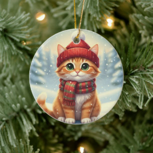 Winter-Schal-Katze Weihnachtskatze mit Karoschal Keramik Ornament