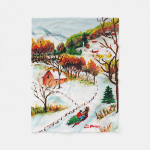Winter-Schlittenfahrt-Berg-Weihnachten-Wasserfarbe Fleecedecke