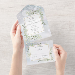 Winter-Schnee-Grün-Monogramm-Hochzeit All In One Einladung