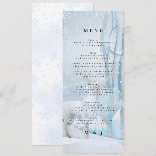 Winter-Schnee-Hochzeitsmenükarte Programm (Vorne/Hinten)