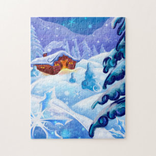 Winter-Schnee-Hütten-Landschaftskunst-Puzzle