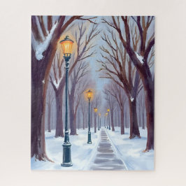 Winter-Schnee-Park-Straßenlaternen Stadt Aquarell