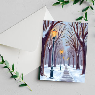 Winter-Schnee-Park-Straßenlaternen Stadt-Aquarell-
