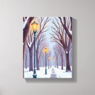 Winter-Schnee-Park-Straßenlaternen-Stadt-Aquarell Leinwanddruck