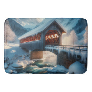 Winter, schneebedeckte Brücke und Fluss Badematte
