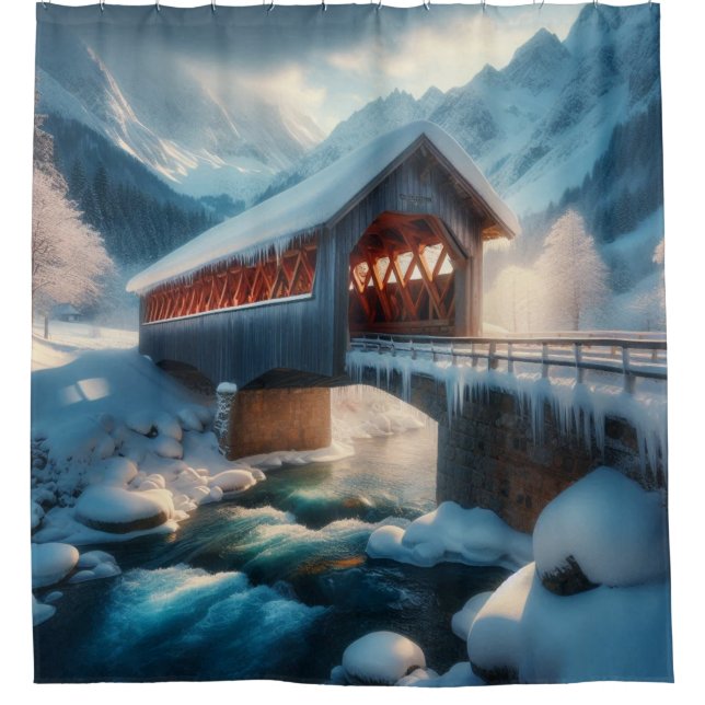 Winter, schneebedeckte Brücke und Fluss Duschvorhang (Vorderseite)