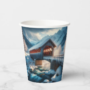 Winter, schneebedeckte Brücke und Fluss Pappbecher