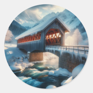 Winter, schneebedeckte Brücke und Fluss Runder Aufkleber