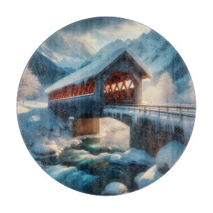 Winter, schneebedeckte Brücke und Fluss Schneidebrett