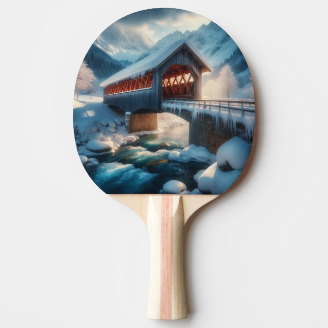Winter, schneebedeckte Brücke und Fluss Tischtennis Schläger (Vorderseite)