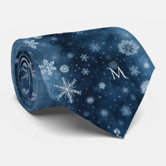 Winter-Schneeflocke Mitternachtsblau Monogramm Was Krawatte (Gerollt)