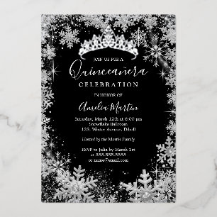 Winter-Schneeflocke Silber-Schwarze Quinceanera Folieneinladung