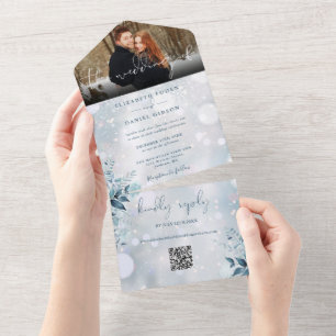 Winter-Schneeflocken-Blumen-QR-Code-Hochzeitsfoto All In One Einladung