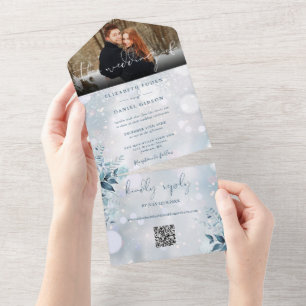 Winter-Schneeflocken-Blumen-QR-Code-Hochzeitsfoto All In One Einladung