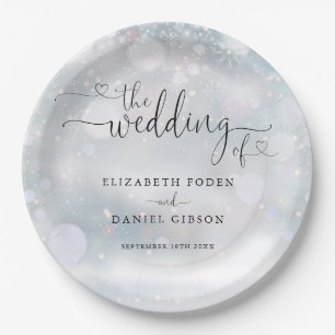 Winter-Schneeflocken-Herzschrift-Hochzeit Pappteller