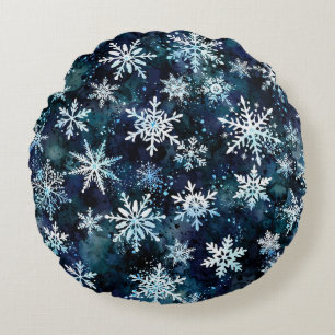 Winter-Schneeflocken Tiefblaue Magische Nacht Rundes Kissen