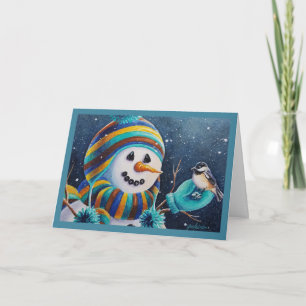 Winter-Schneemann füttert Meisen-Vogel Aquarell-Ku Karte