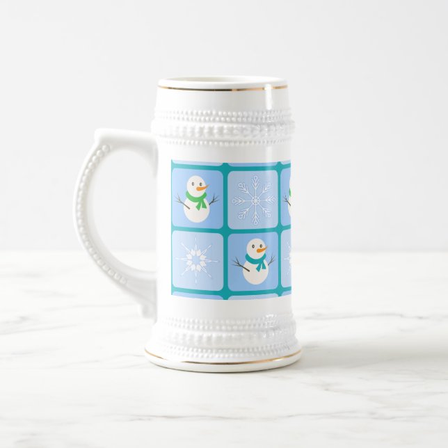 Winter Schneemann und Schneeflocken Bierglas (Links)