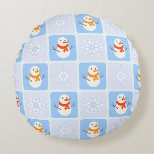 Winter Schneemann und Schneeflocken Rundes Kissen