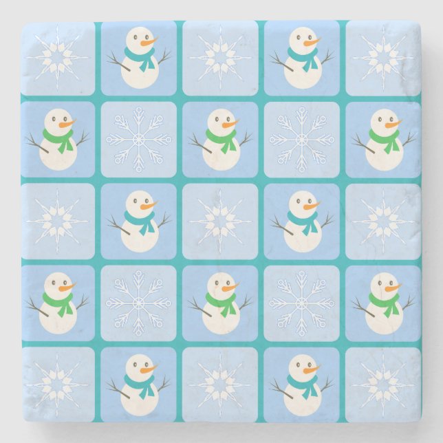 Winter Schneemann und Schneeflocken Steinuntersetzer (Vorderseite)