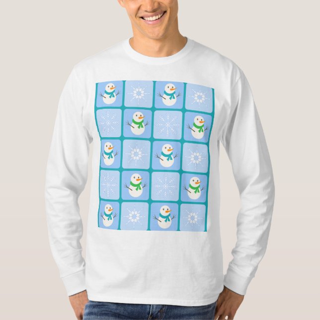 Winter Schneemann und Schneeflocken T-Shirt (Vorderseite)