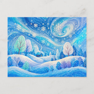 Winter-Schneewirbel in einer gemütlichen Hügelland Postkarte