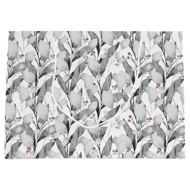 Winter Schwarz & Weiß Wasserfarbe Botanisch Große Geschenktüte (Vorderseite)