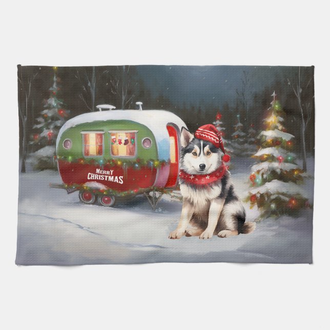 Winter Siberian Husky Caravan Weihnachtsabenteuer Geschirrtuch (Horizontal)