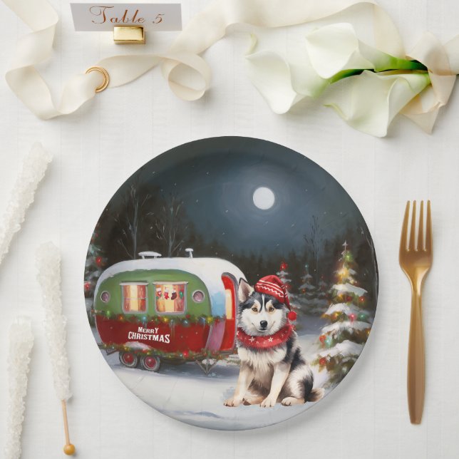 Winter Siberian Husky Caravan Weihnachtsabenteuer Pappteller (Hochzeit)