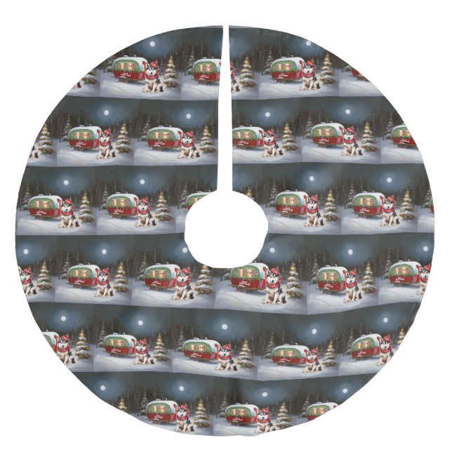 Winter Siberian Husky Caravan Weihnachtsabenteuer Polyester Weihnachtsbaumdecke (Vorderseite)