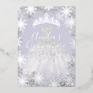 Winter Silber Lila Schneeflocke Quinceanera Folieneinladung