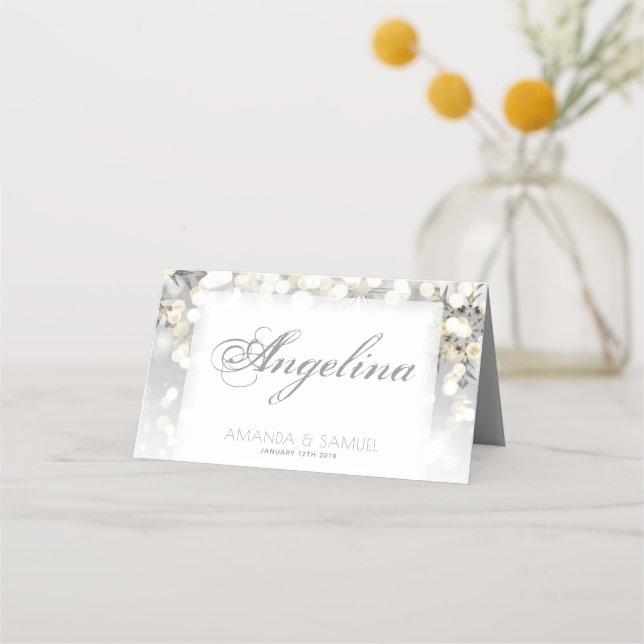 Winter Silver and Gold Sparkle Wedding Platzkarte (Vorderseite)