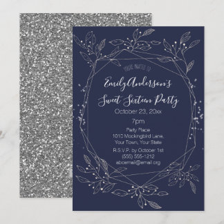 Winter Silver Blue Floral Sweet 16 Geburtstag Einladung