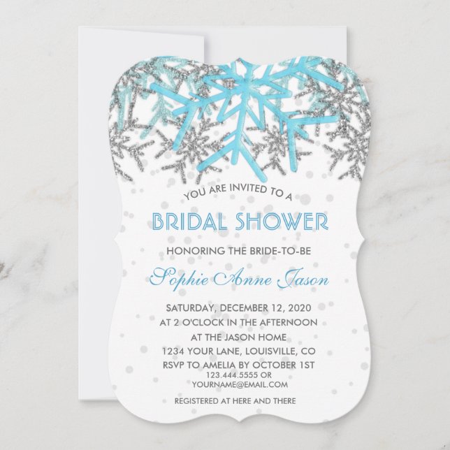 Winter Silver Blue Snowflakes Brautparty Einladung (Vorderseite)