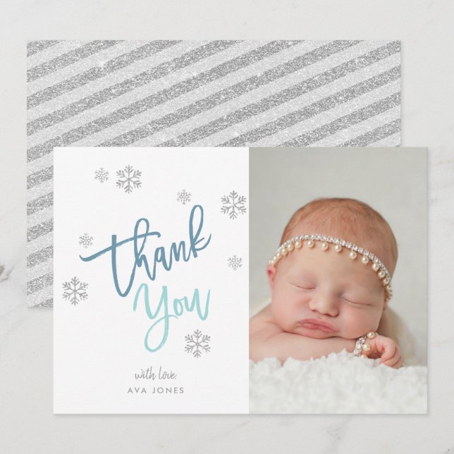 Winter Silver Glitzer Snowflake Danke Foto Einladung (Vorne/Hinten)