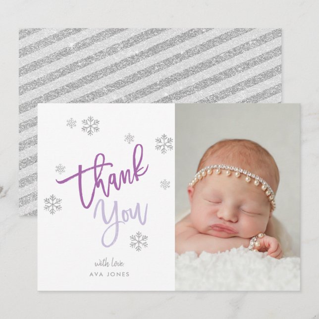 Winter Silver Glitzer Snowflake Danke Foto Einladung (Vorne/Hinten)