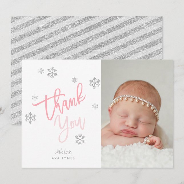 Winter Silver Glitzer Snowflake Danke Foto Einladung (Vorne/Hinten)