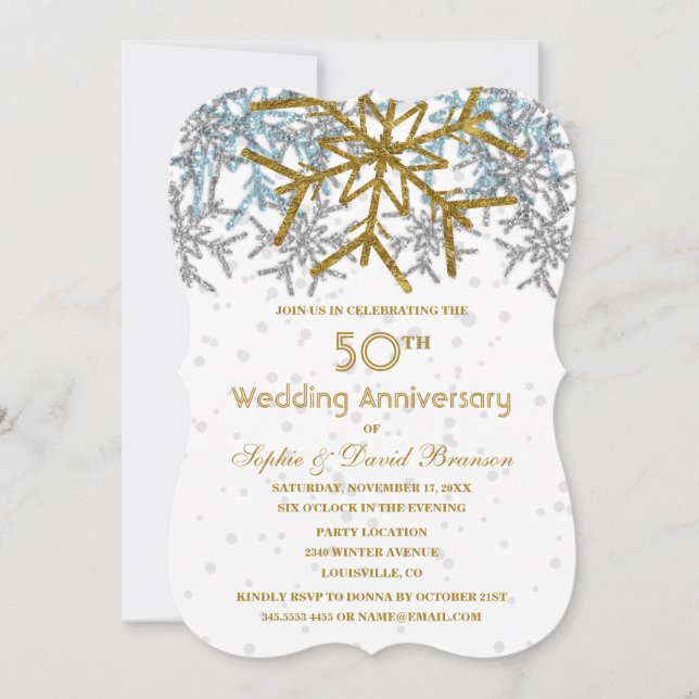 Winter Silver Gold Snowflakes 50. Hochzeit Party Einladung (Vorderseite)