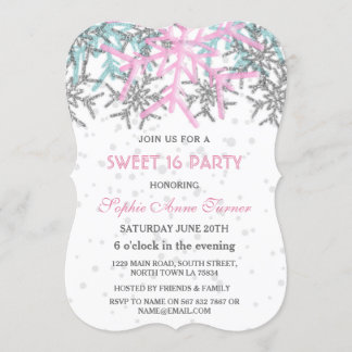 Winter Silver Pink Blue Snowflakes SWEET 16 Einladung