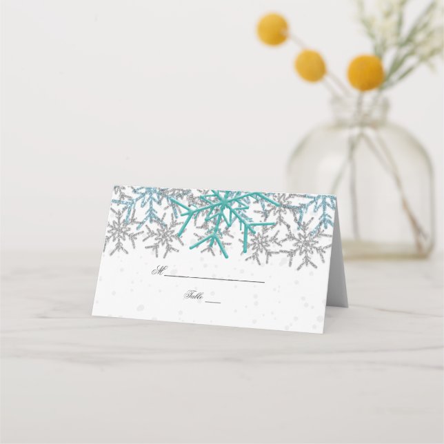 Winter Silver Turquoise Schneeflocken Hochzeit Platzkarte (Vorderseite)