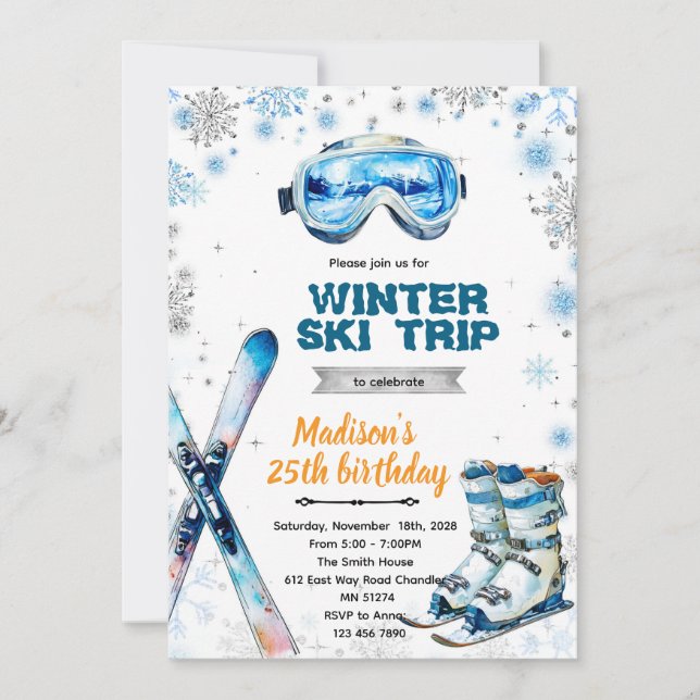 Winter ski party theme invitation einladung (Vorderseite)