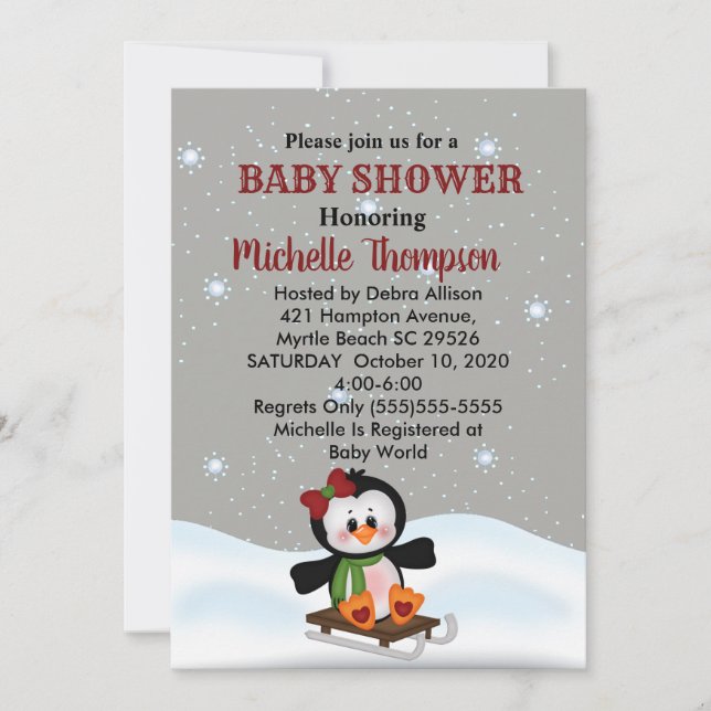 Winter Sled Penguin Baby Showroom/Birthday Einladu Einladung (Vorderseite)