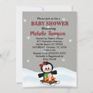 Winter Sled Penguin Baby Showroom/Birthday Einladu Einladung