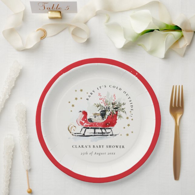 Winter Sleigh Its Cold Outside Neutral Baby Shower Pappteller (Hochzeit)