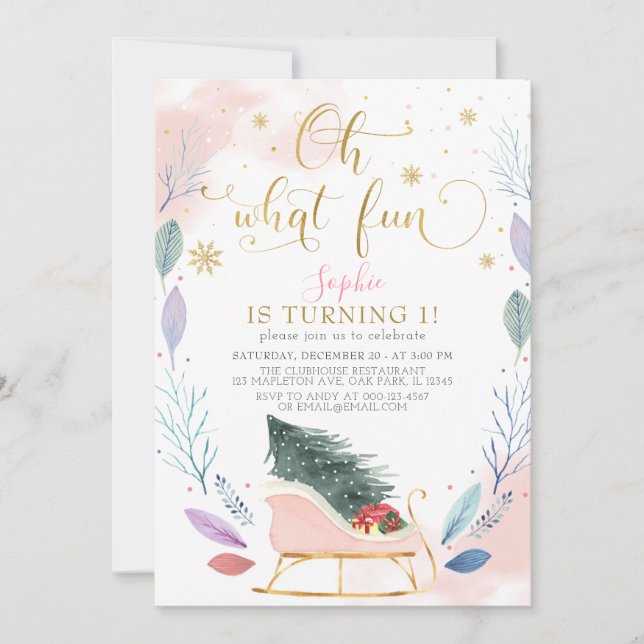 Winter Sleigh Oh, was Spaß Weihnachten 1. Geburtst Einladung (Vorderseite)