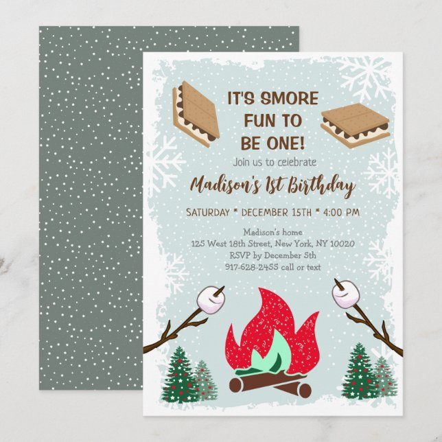 Winter S'mores Campfire Erster Geburtstag Einladun Einladung (Vorne/Hinten)