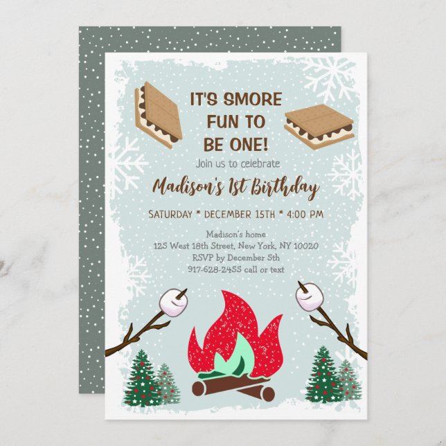 Winter S'mores Campfire First Birthday Invitation (Devant / Derrière)