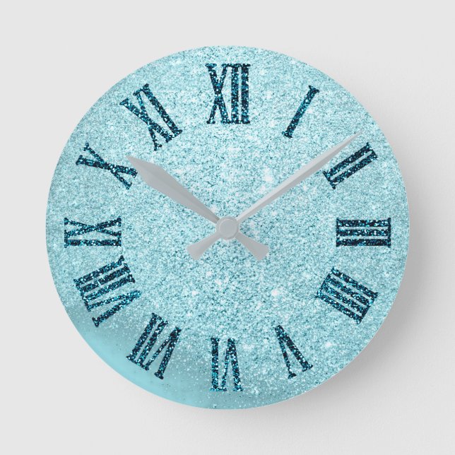 Winter Snow Aqua Aquamarin Blue Glitzer römische N Runde Wanduhr (Vorderseite)
