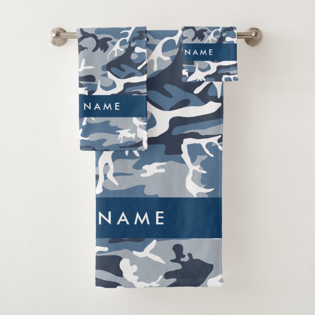 Winter Snow Blue Camouflage Ihr Name Personalisier Badhandtuch Set (Insitu)